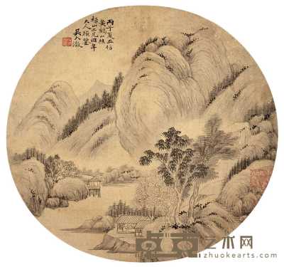 吴大澂 1876年作 山水 圆光片 直径27.5cm